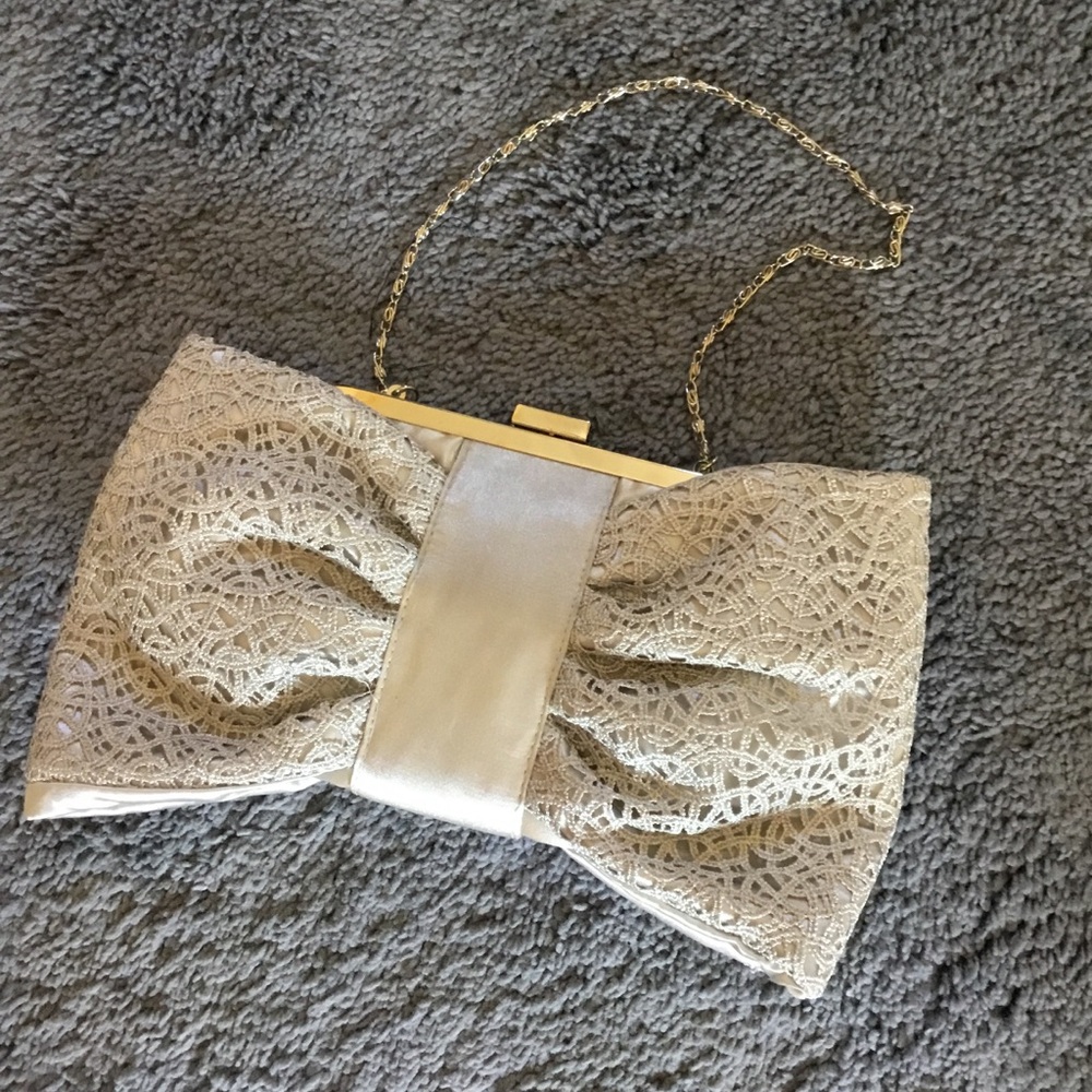 Silver Gray Lace Bow Evening Prom Clutch Purse